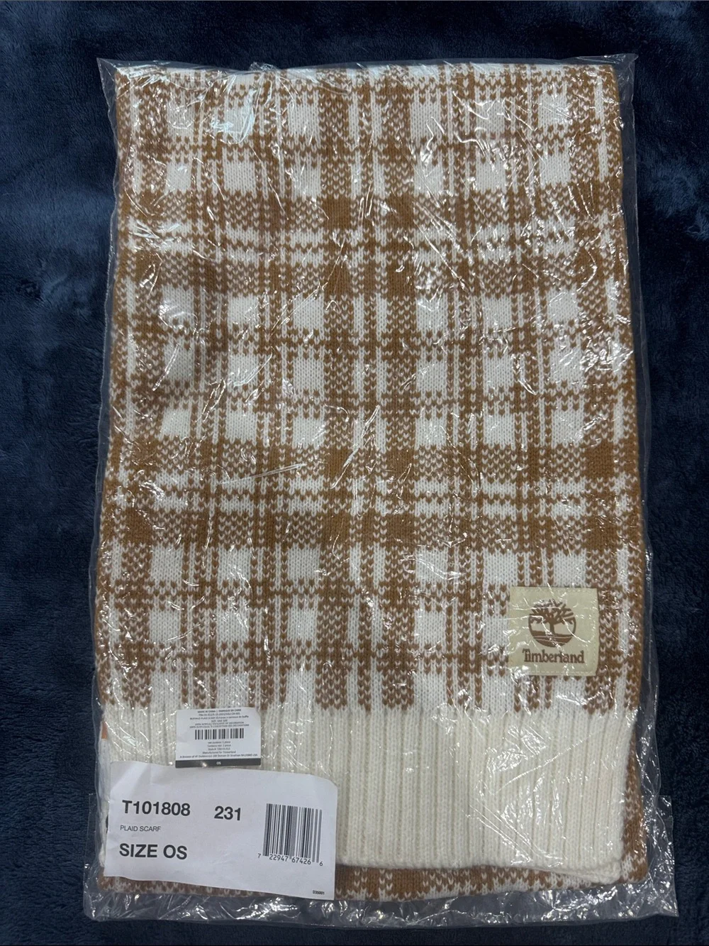 Timberland Plaid Knit Scarf in Cream and Camel